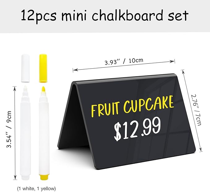 PigPotParty Acrylic Mini Chalkboard Signs for Food, 12 Pcs 4"x3" Small Food Labels for Party Buffet, Glossy Black Table Place Cards for Wedding, Elegant Event Decorations, w/ 2 Wet Erase Markers