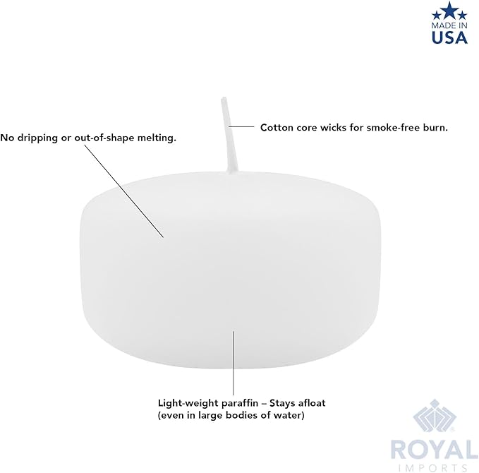 Royal Imports White Floating Candles 2” - Made in USA Pack of 24 Unscented Dripless Wax Discs - 5 Hour Burn Time - for Centerpieces, Weddings, Events, Home Décor