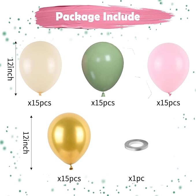 Pink and Green Balloons, Sage Green White Sand Party Balloons Chrome Metallic Gold Balloons Green Pink Latex Balloons for Kids Adults Boho Birthday Jungle Safari Party Wedding Baby Shower Graduation