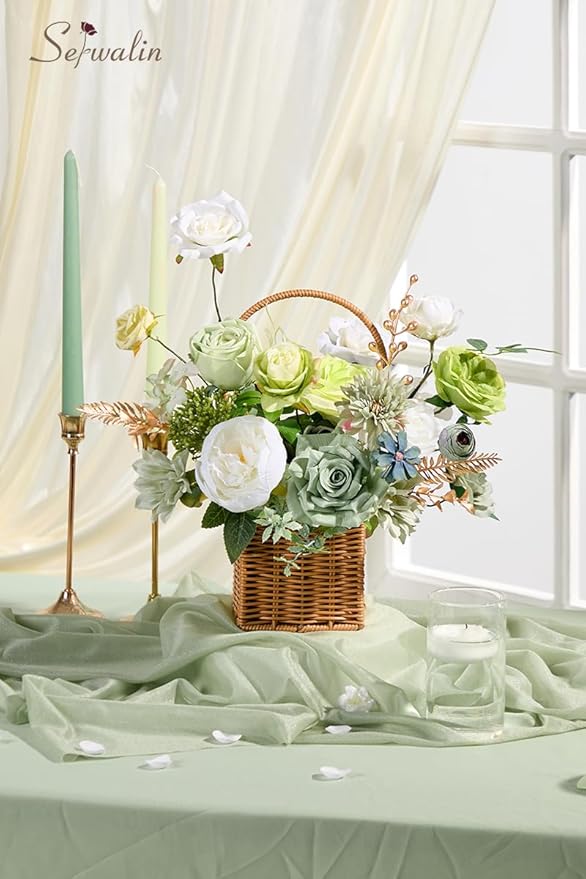 Serwalin Artificial Silk Flowers Green, Fake Flowers Stems for DIY Wedding Bouquets, Baby Shower Centerpieces, Cake Decor, Birthday Party & Home Decor