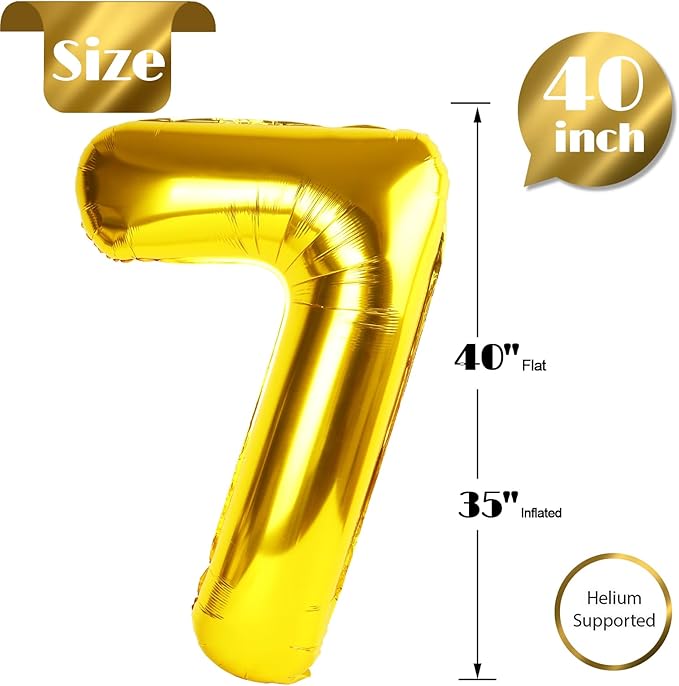 Gold Number 7 Balloon 40 Inch, 7th Birthday Party Decorations for Children, Giant 7 Foil Balloon for Party Supplies