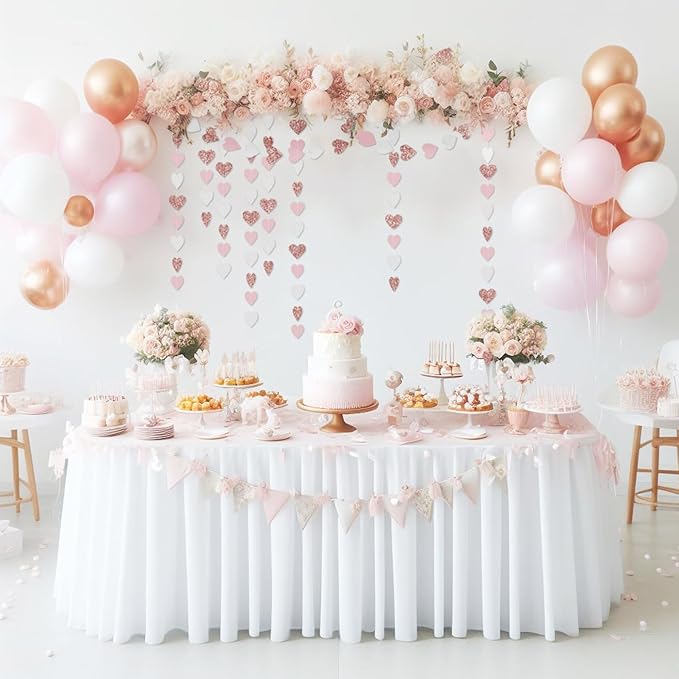Rose-Gold Pink White Party Decorations - 52Ft Paper Streamers Women Girl Birthday Garland Baby Bridal Shower Banner Bachelorette Engagement Wedding Mothers Day Valentines Galentines Decor HongTongTong