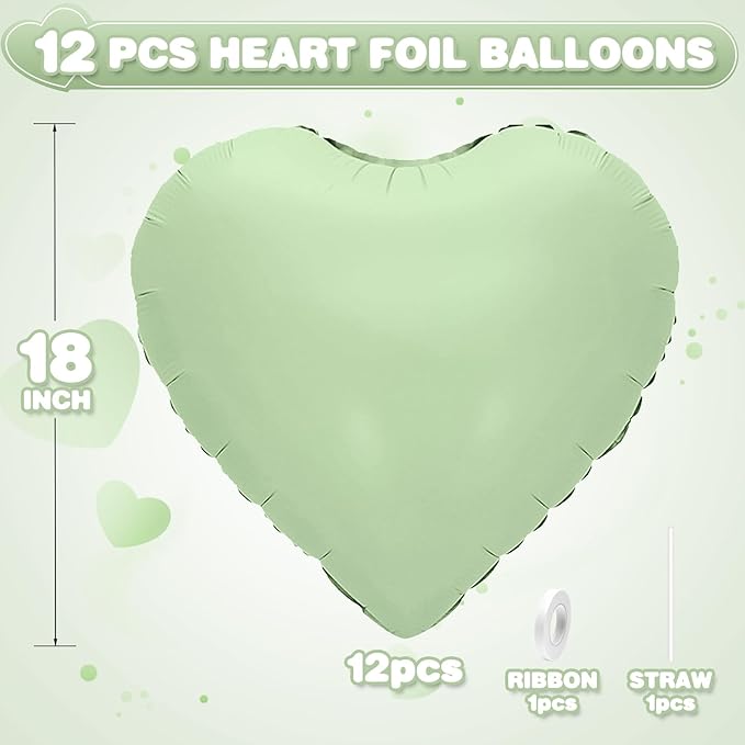 Sage Green Heart Balloons,12Pcs Olive Green Heart Shaped Foil Balloons,18Inch Pastel Green Helium Polyester Film Balloon for Baby Shower Birthday Anniversary Wedding Party Decorations