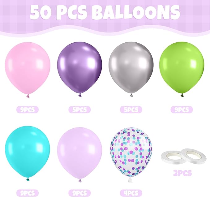 Monster Pink Balloon, 50 Pcs 12 Inches Metallic Purple Silver Confetti Balloon, Green Purple Teal Blue Pink Latex Balloons for Theme Birthday Baby Shower Party Decorations
