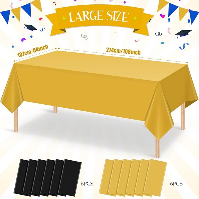 12 Pcs Black and Gold Plastic Tablecloths Bulk,54 x 108 Inch Disposable Rectangle Party Table Cloth Waterproof Table Cover for Birthday Wedding Anniversary Graduation Party Decorations Supplies