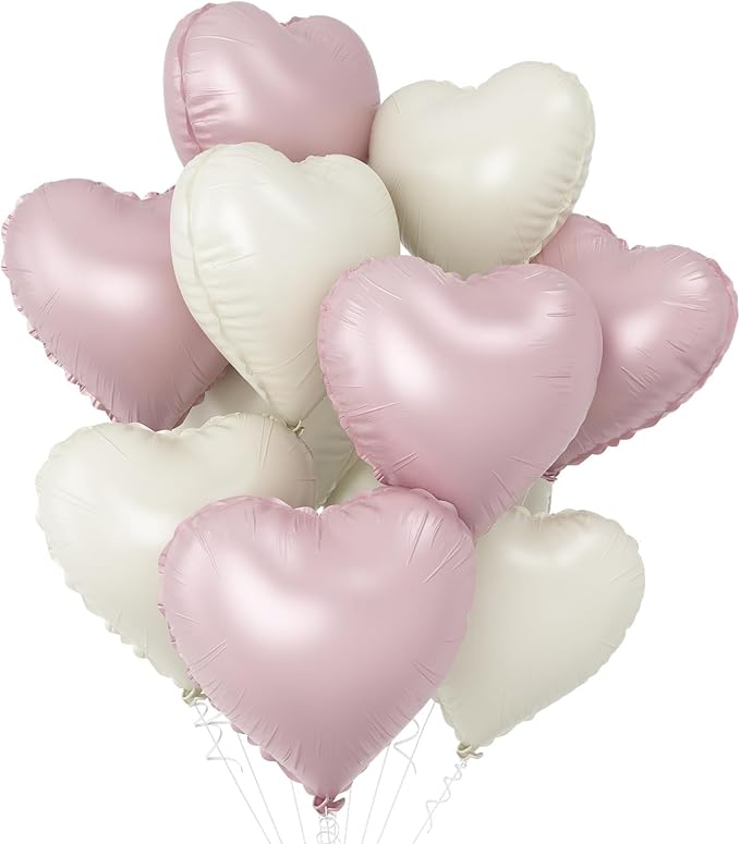 Pink White Heart Balloons,10Pcs Cream Baby Pink Foil Heart Shaped Balloons,18Inch Sand White Helium Balloon for Valentines,Engagement,Birthday,Baby Shower,Wedding Party Decorations