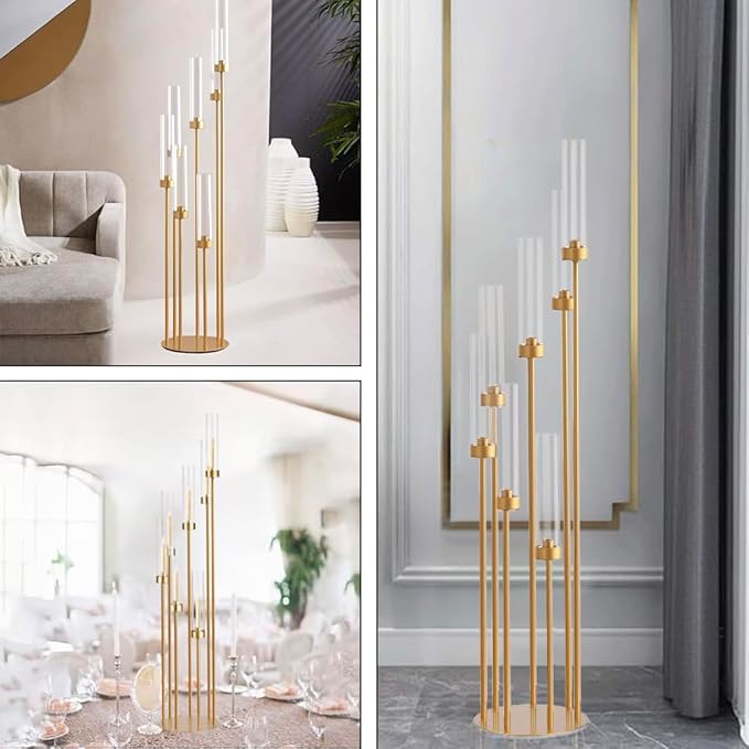 2Pcs Gold 7 Arm Candelabra Candle Stand for Wedding, Metal Candlestick Holder with Acrylic Lampshade for Theme Party Table Centerpieces Wedding Holiday Birthday Party (48Inch) Fit LED Taper Candles