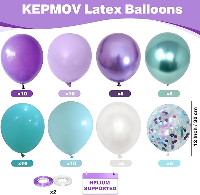 Mermaid Balloons, 60pcs 12 Inch Purple Teal and White Balloon Set with Metallic Purple Green Teal Purple Confetti Balloon, Pearl White Balloons for Birthday Wedding Mermaid Party