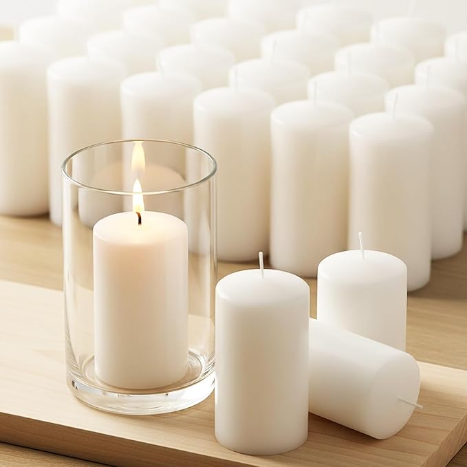 Set of 20 Pillar Candles, Unscented White Wax Pillar Candle with 30 Hours Burn Time, 2x4 Inch, Elegant Decorative White Candles for Weddings, Centerpiece, Home Decor