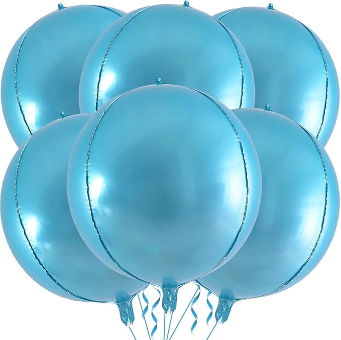 6 Pack Pearl Blue 22 Inch 4D Foil Balloons Big 360 Degree Round Sephere Mylar Balloons Mirror Finish Metallic Balloons for Wedding,Birthday,Bachelorette,Baby Shower Decorations Party Supplies