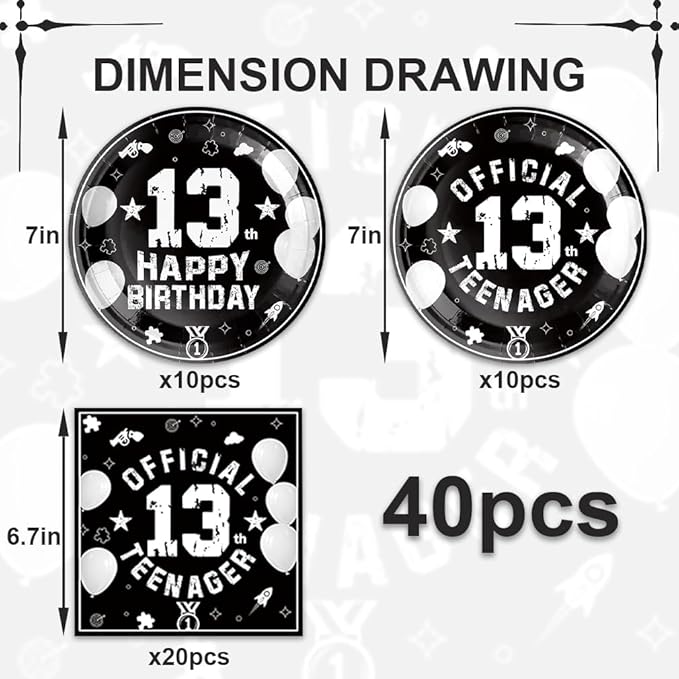 40Pcs 13th Birthday Party Decorations Plates Disposable Tableware Include Plates and Napkins For 20 Guests 13th Birthday Decorations for Boys Girls