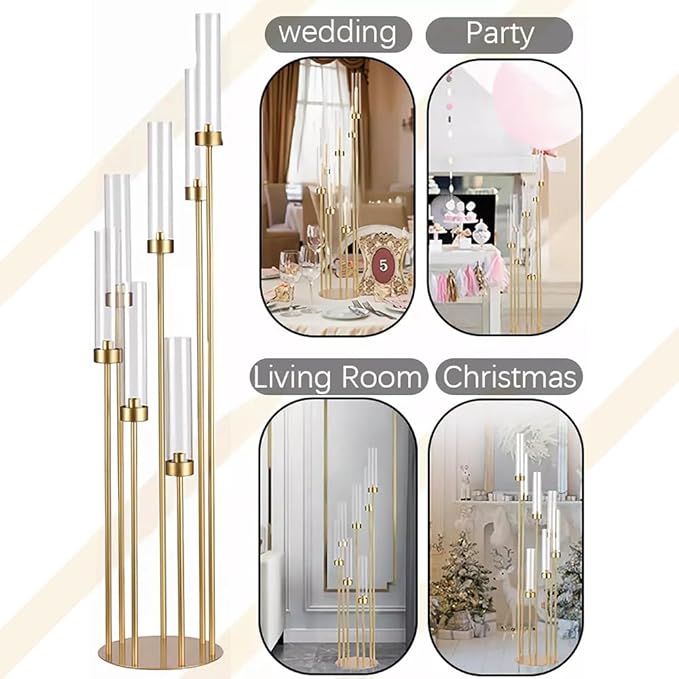 8Sets 7 Arms Candlestick Holder with Acrylic Lampshades for Wedding,48 Inch Tall Gold Floor Candelabra Centerpieces for Birthday Party Home Decoration Fit LED Candles candelabros para centros de mesa
