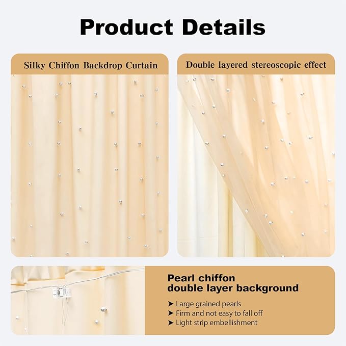10 * 8FT Beige Pearl Tulle Double Layered Backdrop Curtain with Lights String and Lining Fabric for Wedding Baby Shower Birthday Parites Photo Decorations