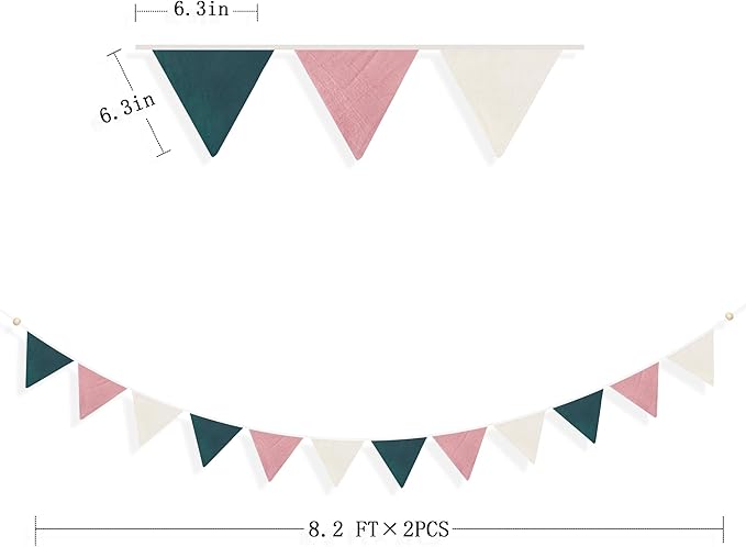 2 Sets of Dusty Pink Green Beige Pennant Banner 24Pcs Flags Nursery Garland Linen Fabric Triangle Bunting Streamers for Kids Girls Birthday Boho Baby Shower Wedding Party Decorations Baby Room Decor
