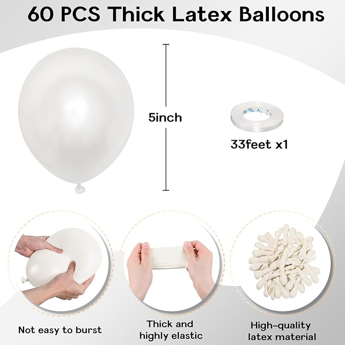 Pearl White Balloons 5 Inch, 60Pcs Small White Pearl Balloon Bright Clear White Latex Balloons for Arch 5'' Mini White Helium Balloons for Birthday Wedding Baptism Anniversary Party Decorations