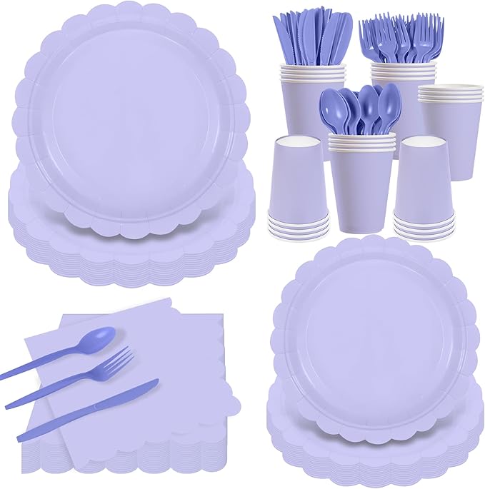 140 Pcs Lavender Paper Plates and Napkins, Light Purple Party Supplies Include Scalloped Lavender Plates Napkin Cup Plastic Cutlery for Garden Party, Baby Shower, Wedding, Birthday