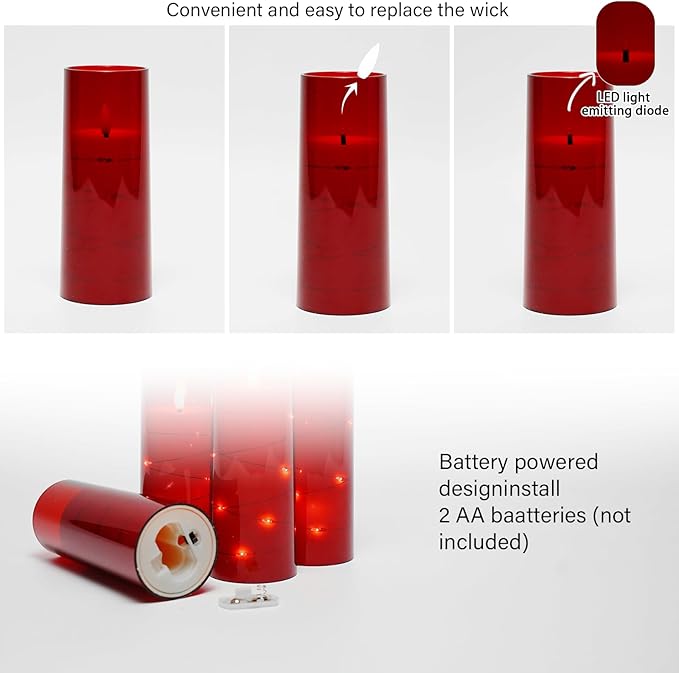Flameless LED Candles with Timer 5 Pc Flickering Flameless Candles for Romantic Ambiance and Home Decoration Stable Acrylic Shell,with Embedded Star String，Battery Operated Candles（Red）