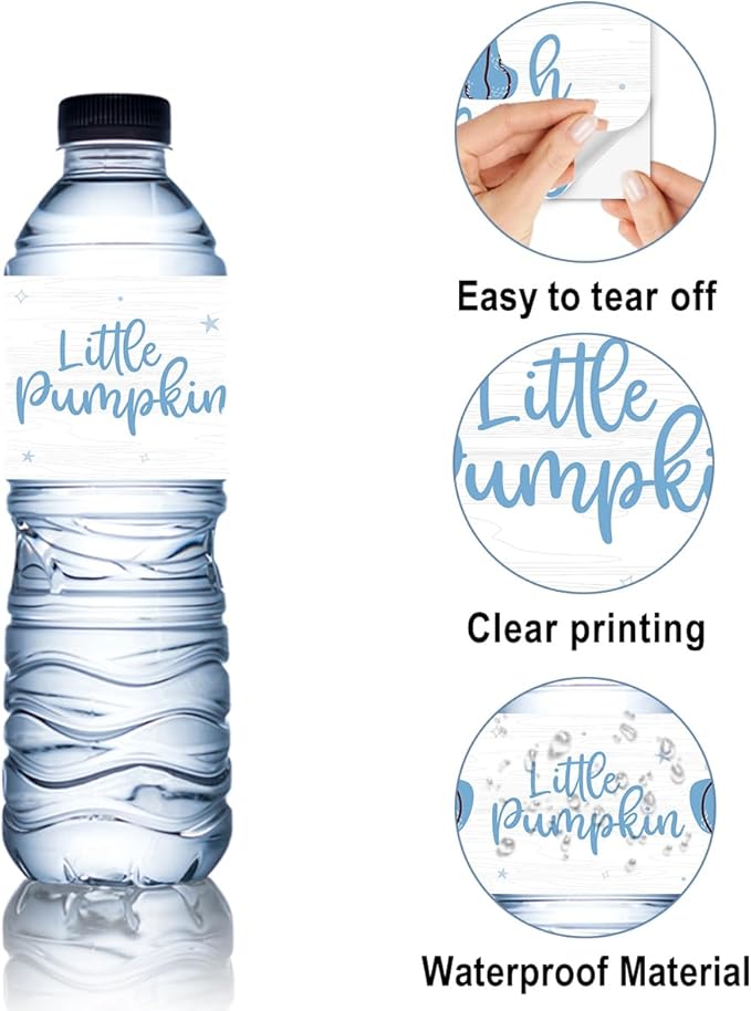 100Pcs Blue Little Pumpkin Boy Baby Shower Water Bottle Labels Waterproof Wrappers for Fall Baby Shower Decorations and Party Drink Stations
