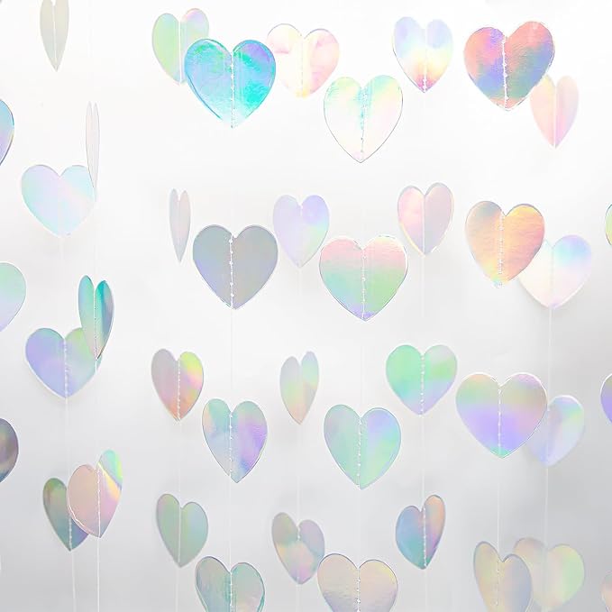 Iridescent Party Decorations - 52ft Paper Heart Garland Streamers Banner for Birthday Wedding Bachelorette Baby Shower Bridal Shower Engagement Valentines Day Hanging Decor HongTongTong