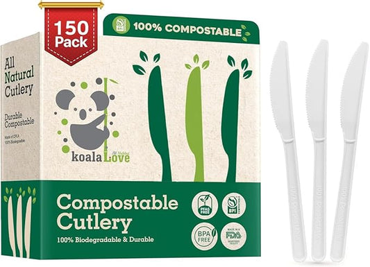 100% Compotable Knives Disposable Compostable Cutlery Set Silverware by Koalalove 150pc (CK150)