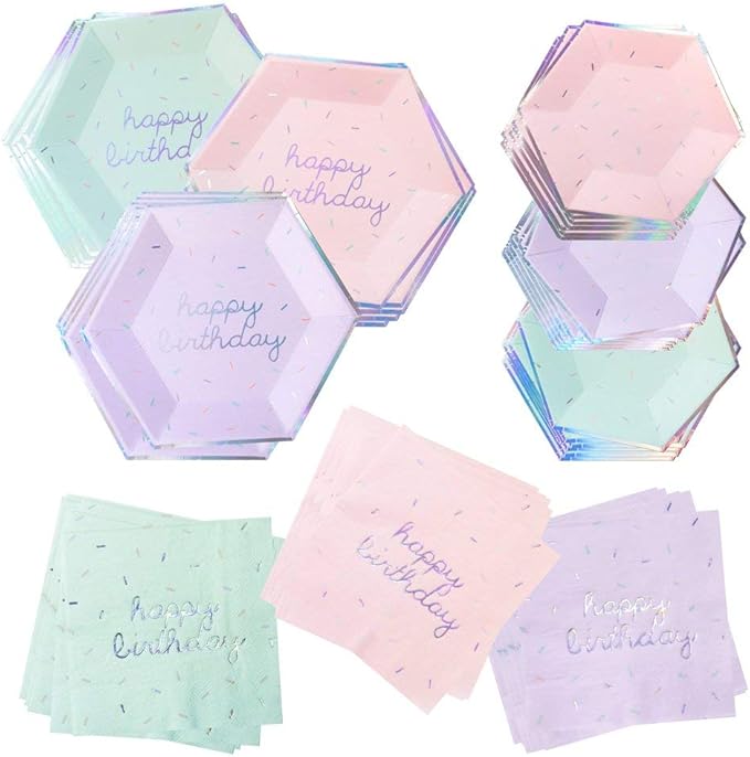 Harlow & Grey Sprinkles Party Plates and Napkins Set, 60-pc Pastel Happy Birthday Kit, Multi- Color Pack w/Pink, Teal, and Purple Disposable Paper Dinnerware Supplies for Kids, Adult Parties