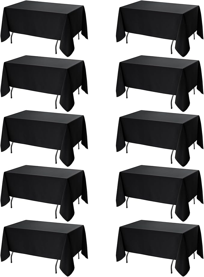 10-Pack Black Tablecloths for Rectangle Tables, 70 x 120 Inches, Stain-Resistant Polyester Fabric for 6 Foot Tables - Washable Table Covers for Weddings, Banquets, Birthday Parties, Events