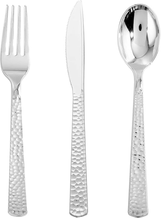 Nervure 300PCS Silver Plastic Silverware - Disposable Silver Cutlery - Hammered Plastic Utensils Include 100 Forks, 100 Knives, 100 Spoons Perfect for Dinner, Party & Wedding