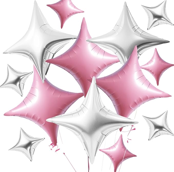 TONIFUL 30Pcs 26In&10In Star Balloons Pink and Silver Four Pointed Star Shape Foil Balloons Mini Star Mylar Balloons for Birthday Wedding Baby Shower Anniversary Engagement Party Decor Supplies