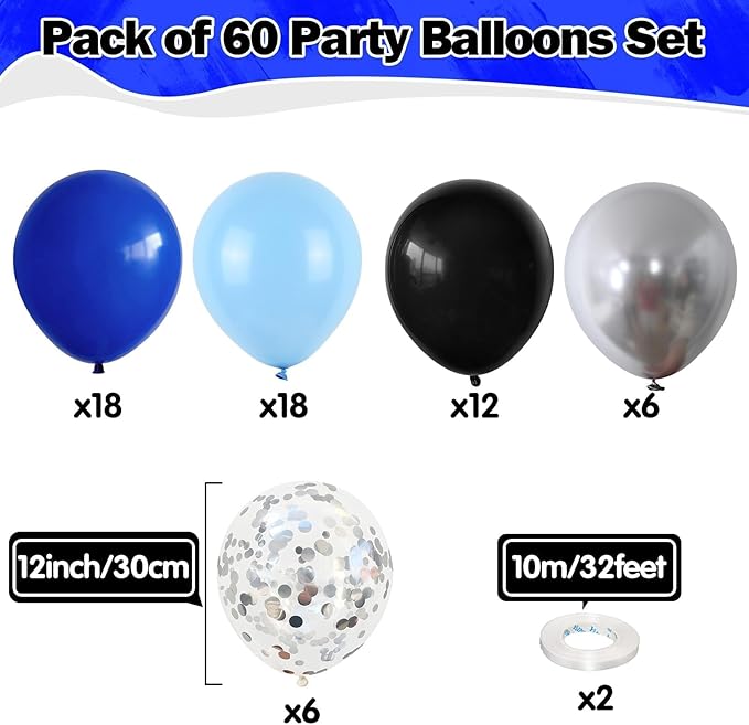 Blue Black Balloons 60 Pcs Royal Blue Black and Metallic Silver Confetti Balloons 12 Inch Video Game Outer Space Balloon for Boys Men Boss Graduation Retirement Baby Shower Birthday Party Decorations