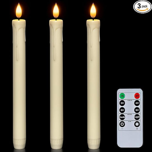 Homemory 3 Pcs Flameless Taper Candles with Remote Timer Dimmer, 9.6" Ivory LED Candlesticks Battery Operated, Plastic Flickering Flameless Candles for Fireplace Wedding Seasonal Indoor Decorations