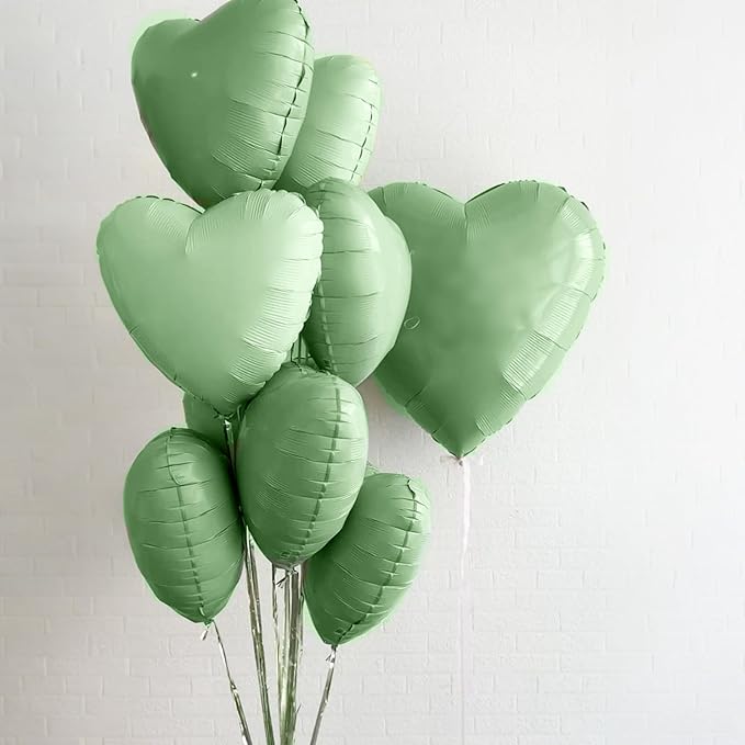 Sage Green Heart Balloons,12Pcs 18 Inch Oliver Green Foil Love Heart Shaped Balloons for Jungle Birthday Wedding Anniversary Graduation Baby Shower Valentines Day Decorations