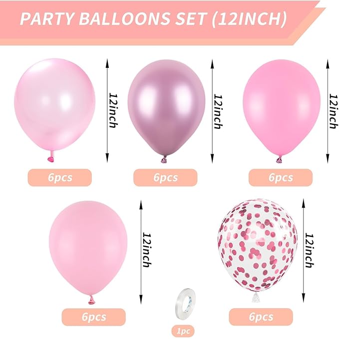 Pink Balloons Set,12 Inch Metallic Pink Pearl Pink Macaron Pink Light Pink Confetti Pink Different Shades Balloons For Girl Women Birthday Decorations Wedding Party Decorations Supplies