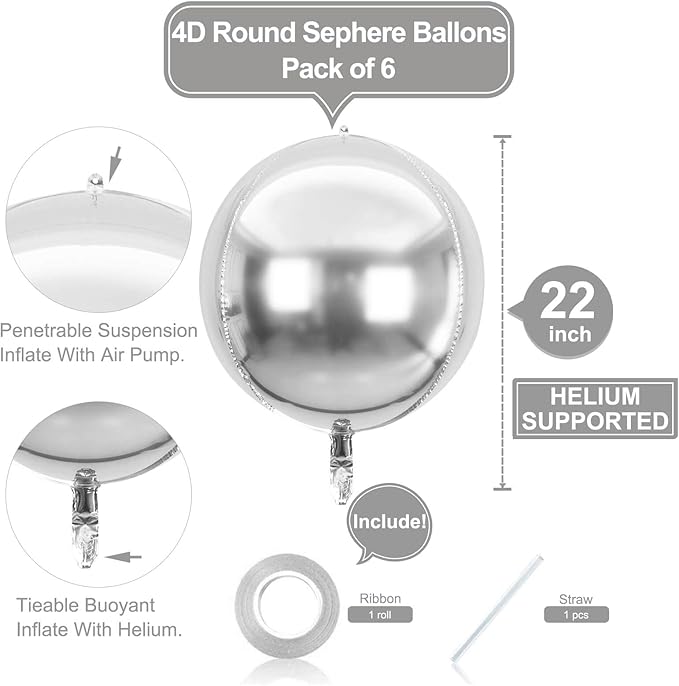 6 Pack Silver 22 Inch 4D Foil Balloons Big 360 Degree Round Sephere Mylar Balloons Mirror Finish Metallic Balloons for Wedding,Birthday,Bachelorette,Baby Shower Decorations Party Supplies