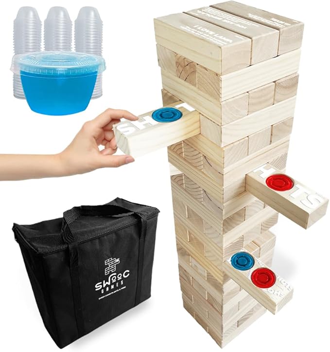 SWOOC Games - Giant Tower Party Game with Hidden Jello Shots - Includes Disposable Cups, Lids & Carrying Case - Stacks up to 5ft - Tipsy Topple Game for Adults - Giant Outdoor Games - Jumbo Bar Fun