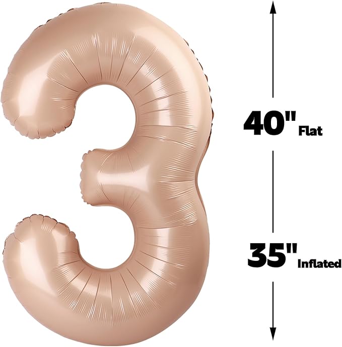Large 40 Inch Light Brown 3 Number Balloon, 3 13 23 30 33 36 38 Light Brown Birthday Party Decorations, Numbers Three Foil Balloons for Anniversary Party Graduations Celebration Supplies