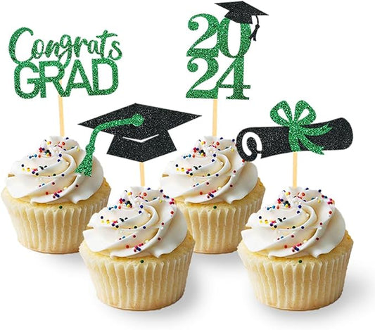 24Pcs Graduation Cupcake Toppers, Graduation Cupcake Picks for Cupcake Food Decorations - Class of 2025 Cupcake Toppers Supplies (Green)
