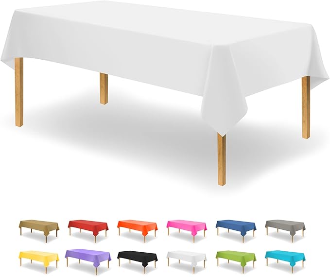 Party Dimensions White Disposable Plastic Tablecloth for Rectangle Tables (12 Pack) Table Cloths for Parties, Events & Weddings, Indoors Outdoors, 54 x 108 inches, Plastic Table Cover
