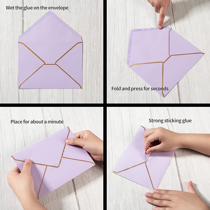 100 Pack A7 Envelopes 5 x 7 Card Envelopes V Flap with Gold Border for Office, Wedding Gift Cards, Invitations, Graduation, Baby Shower, Parties, 5.32 x 7.28 Inches (Violet)