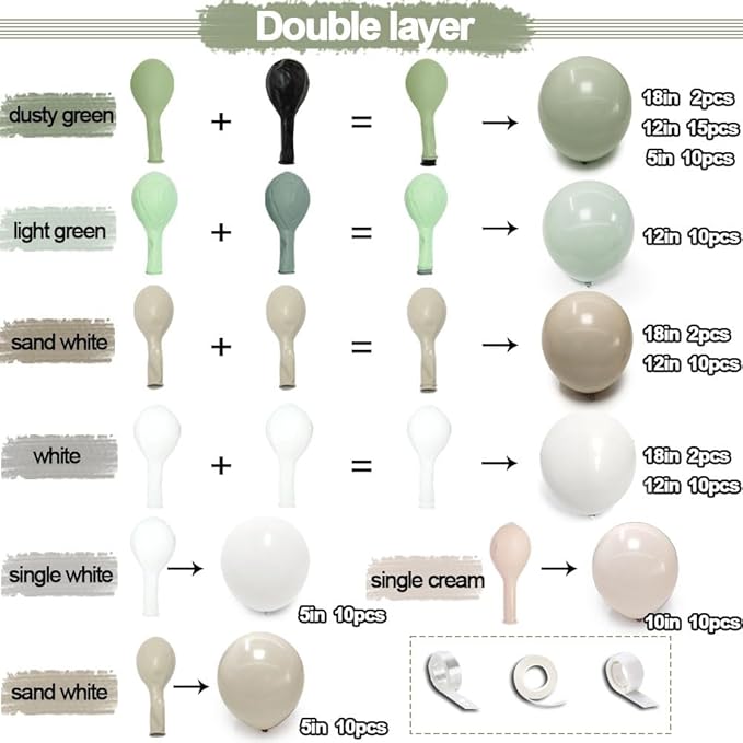 Sage Green White Balloon Garland Double Stuffed Dusty Green Cream Sand White Beige Latex Neutral Balloons Arch Kit for Boho Baby Bridal Shower Birthday Wedding Baptism Decoration