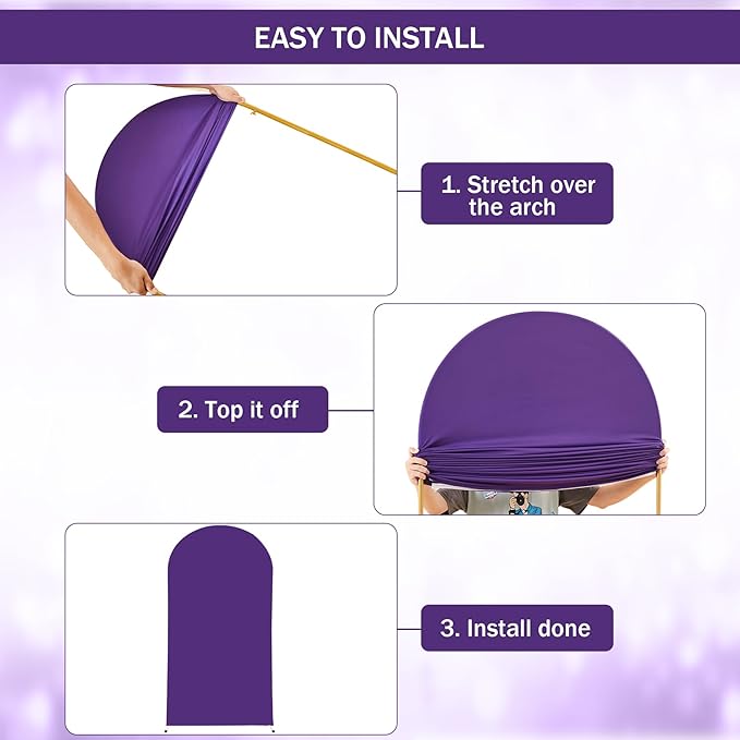 (7.2FT, 6.6FT, 6FT) Wedding Arch Cover Set of 3 Puple Spandex Fitted Arch Cover for Round Top Chiara Backdrop Stand Covers for Birthday Party Banquet Photo Background Decoration
