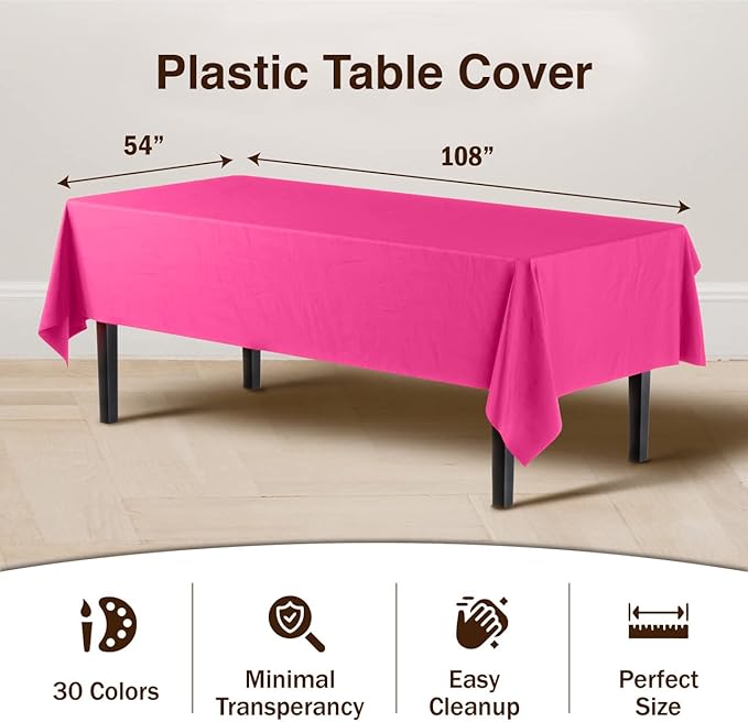 Party Solids 6-Pack Premium Plastic Tablecloth 54in. x 108in. Rectangle Plastic Table Cover - Cerise