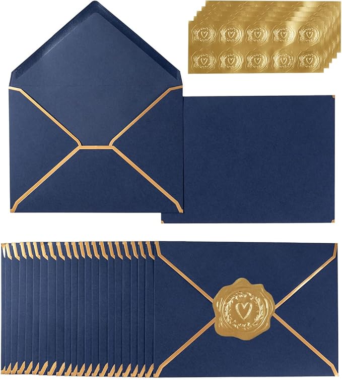 100 Pack Navy Blue A7 Envelopes 5 x 7 Card Envelopes V Flap with Gold Border for Office, Wedding Gift Cards, Invitations, Graduation, Baby Shower, Parties (5.32 x 7.28 Inches, Navy Blue)