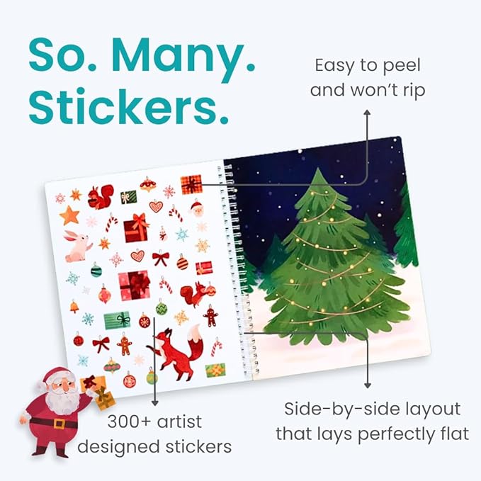 CUPKIN Holly Jolly Holiday Stickers for Kids Toddler Sticker Book, Santa Christmas Activity Book, Toddler Travel Essentials, 300+ Christmas Stickers + 8 Sticker Scenes and Coloring Pages, Ages 2+