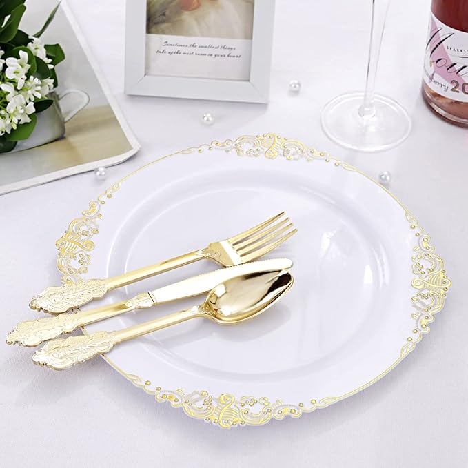 Liacere 30 Pack Gold Plastic Silverware - Premium Quality Gold Plastic Utensils - Includes 30 Forks, 30 Knives, 30 Spoons, 30 Napkins & Thanksgiving
