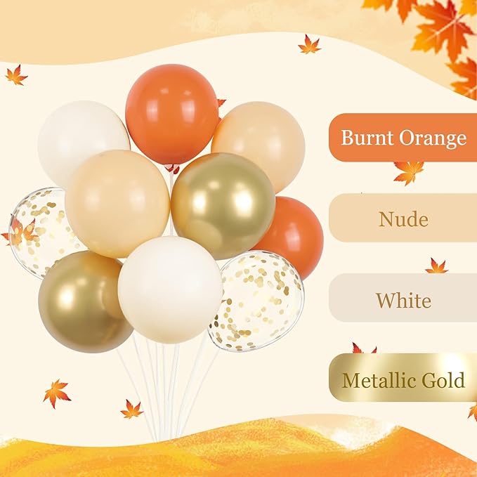 60pcs 12inch Fall Balloons Thanksgiving Balloons with Burnt Orange Nude White Metallic Gold Confetti Balloon for Autumn Birthday Little Pumpkin Wedding Fall Baby Shower Decorations