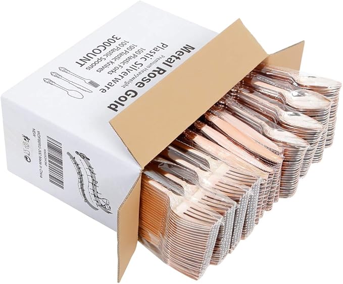 WDF-300 Pieces Rose Gold Plastic Silverware- Disposable Flatware -Heavyweight Plastic Cutlery- Includes 100 Forks, 100 Spoons, 100 Knives for Wedding& Parties