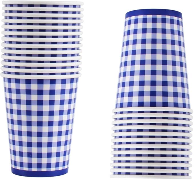 Gatherfun Gingham Blue and White Party Supplies Disposable Paper Plates Napkins Cups Knives Spoons Forks Tablecloth Banner for Birthday Party Family Dinner Picnic Barbecue Father's Day Party, Serve 25