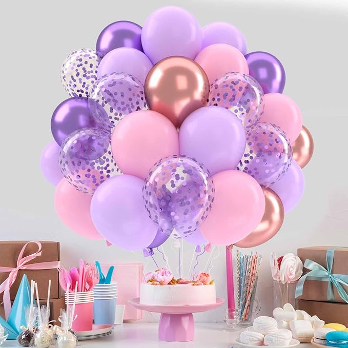 Patimate Purple and Pink Balloons Set, 50 pcs 12 inch Metallic Rose Gold Purple Pastel Pink Purple Confetti Latex Balloons Kit for Girl Birthday Baby Shower Wedding Party Decorations