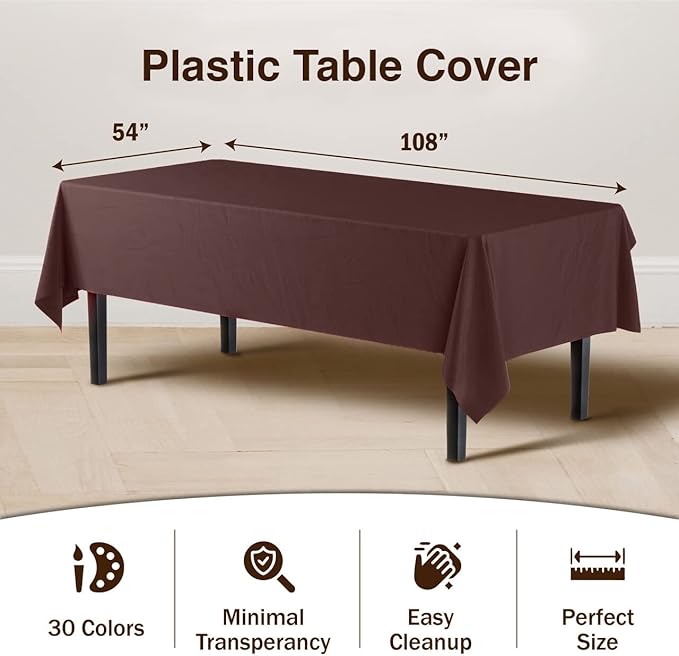Party Solids 6-Pack Premium Plastic Tablecloth 54in. X 108in. Rectangle Plastic Table Cover - Brown