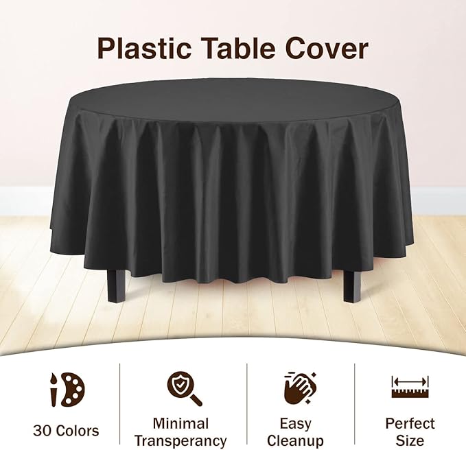 Party Solids 6-Pack Premium Plastic Tablecloth 84in. Round Plastic Table Cover - Black